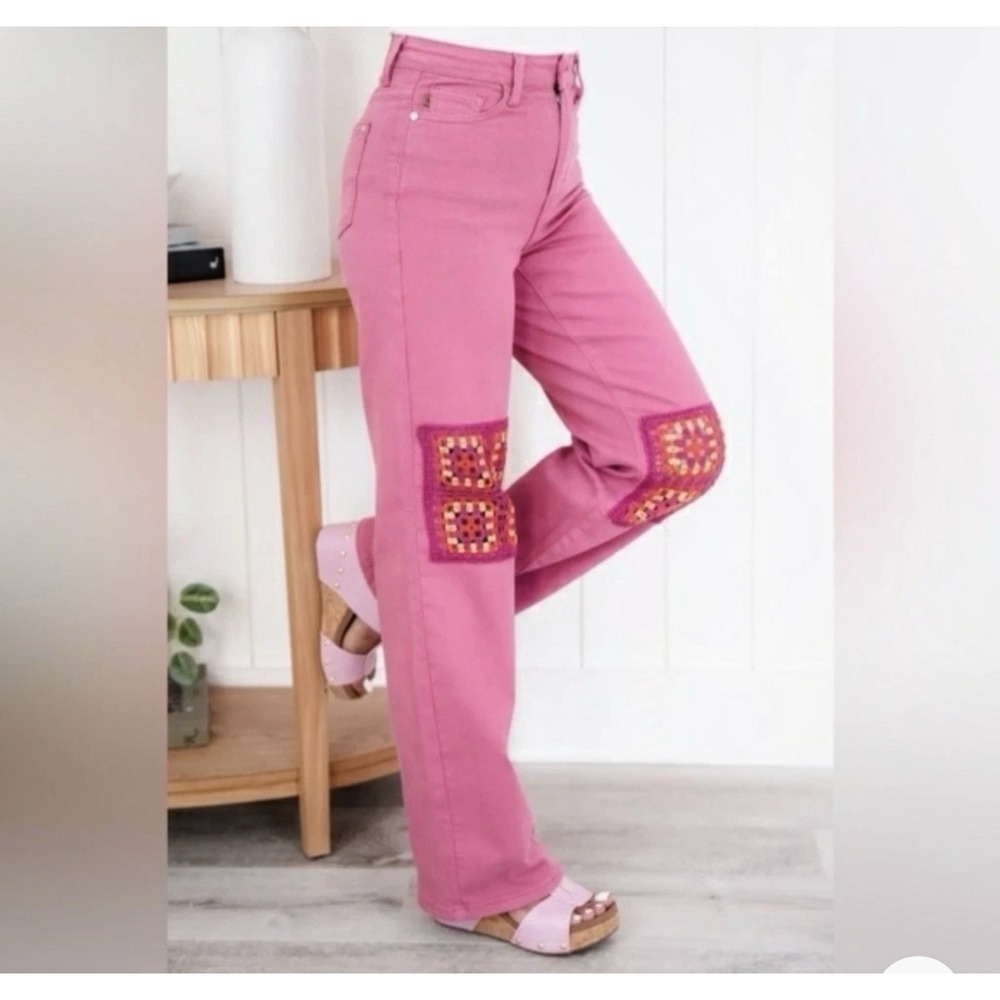 Judy Blue Pink Granny Square Jeans Wide Leg Jeans Stretch Boho Festival Size 11 - Picture 3 of 6